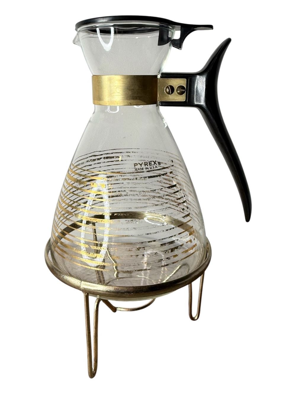 PYREX Vintage Glass Coffee Tea Carafe Brass Base Stand 10 Cup
